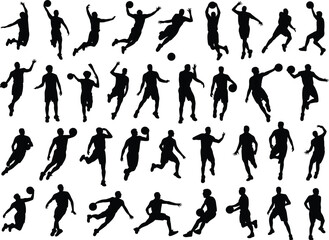 Collection of dynamic basketball player silhouettes. A vector graphic set showing athletes in various action poses, isolated on a white background.