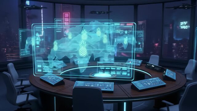 Futuristic command center with digital interface displaying global network data and world map. - Powered by Adobe