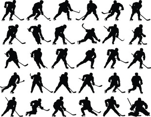A collection of 30 black silhouettes of ice hockey players in various action poses, arranged in a grid and isolated on a white background.