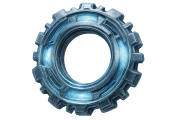 Glowing blue metallic gear rotating on transparent background, ideal for technology or industrial projects