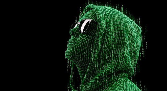 Green hooded figure, sunglasses, digital code. - Powered by Adobe