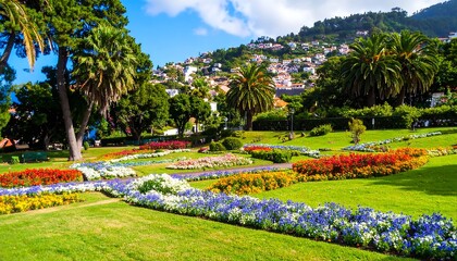 Obraz premium Colorful garden with lush greenery and town in background