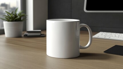 Obraz premium Empty White Coffee Mug on Desk in Modern Office Environment