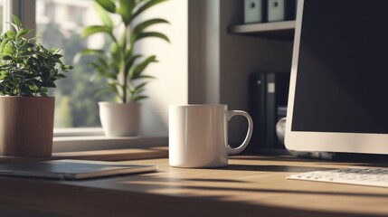 Fototapeta premium Cozy Workspace with Plants and Morning Coffee on Wooden Desk