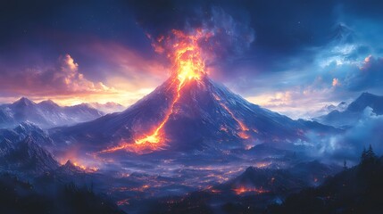 Dramatic volcanic eruption creates a powerful disaster background. Molten lava flows down the mountain in the twilight sky. Awe-inspiring and destructive natural force.