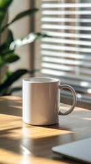 Minimalist Coffee Mug on Wooden Table with Bright Natural Light