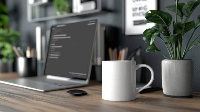 Modern Workspace with Laptop, Coffee Mug, and Indoor Plant