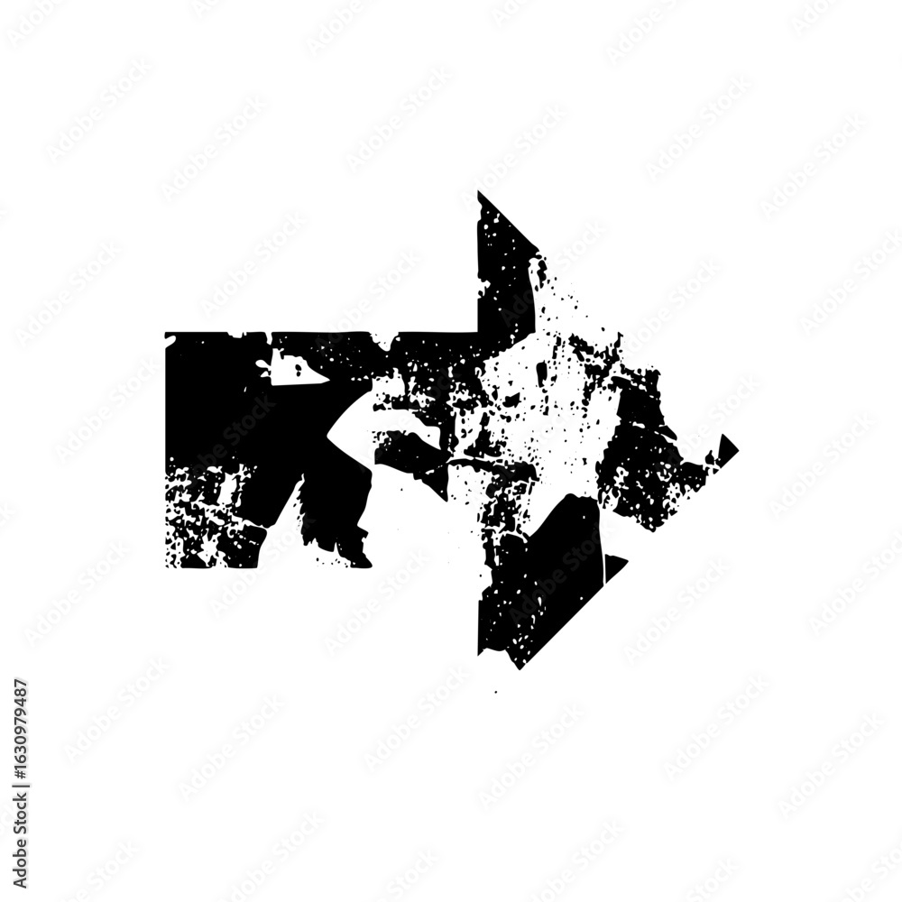 Poster vector abstract distressed arrow points forward with fragmented shapes.