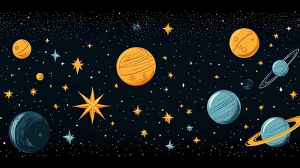 Cartoon Cosmic Starry Sky Pattern with Planets, Stars and Nebulas