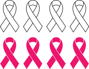 A set of pink and outline awareness ribbons, a vector graphic for breast cancer support and health awareness campaigns.