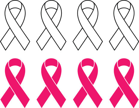 A set of pink and outline awareness ribbons, a vector graphic for breast cancer support and health awareness campaigns.