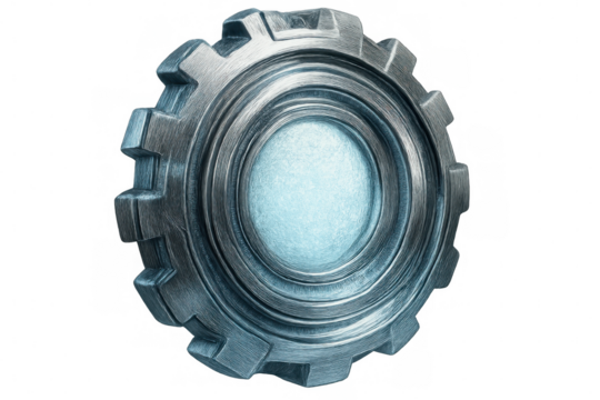 Close-up of a rotating metallic gear with a transparent background, ideal for industrial or technological projects