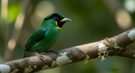 Obraz premium A vibrant green bird perches on a tree branch.