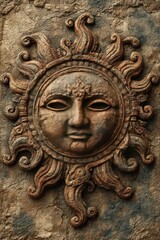 Naklejka premium Ornate sun face, aged terracotta