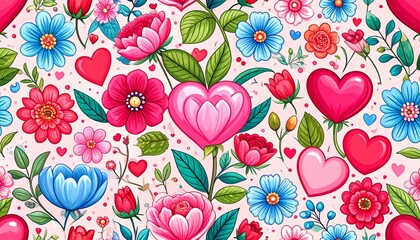 Colorful floral pattern with hearts