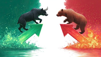 Clashing Forces Bull and Bear on fiery arrows, a dramatic market showdown. Green and red flames engulf the scene.