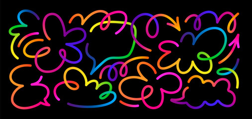 Abstract Neon Color Line Shapes. Fun Vector Doodle Elements with Gradient. Rainbow Kid Pattern with Neon Flowers and Speech Bubbles. Swirl Arrows and Clouds on a Black Background