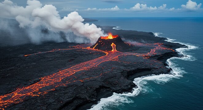 Aerial view of volcano eruption flowing lava into ocean hawaii kilauea national park landscape photography