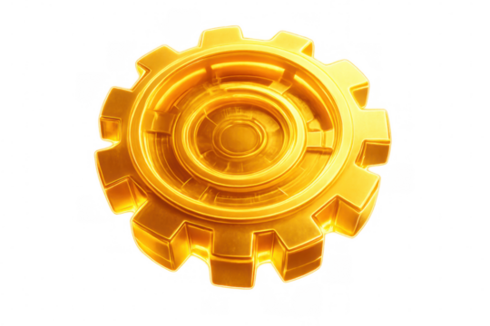 Shiny golden gear rotating, symbolizing innovation, industry, and teamwork on a transparent background