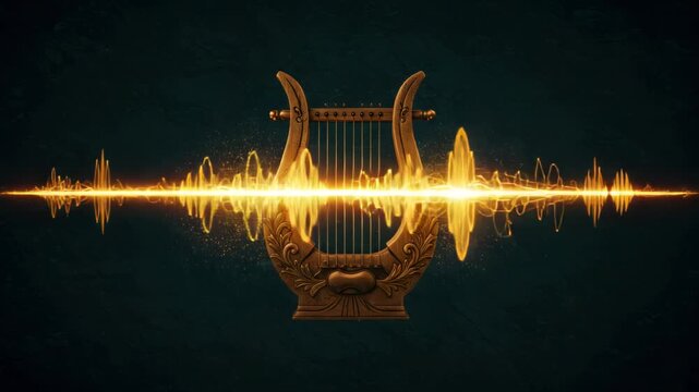 Abstract audio visualization with golden harp and dynamic waveform equalizer effect for music