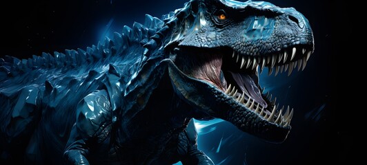 The black background contrasts sharply with the bright blue diamonds light emitted by Allosaurus,generative AI