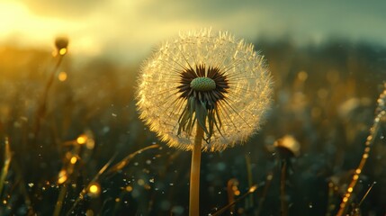 Sunrise Dandelion Field Dew Drops Nature Background Wallpaper