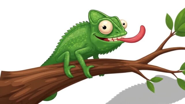 A vibrant cartoon chameleon with a long tongue sticks out, perched on a tree branch.
