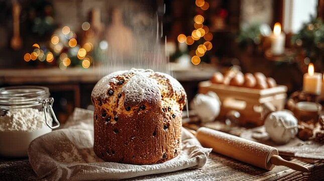 A festive panettone on a rustic wooden table dusted with flour in a cozy christmas kitchen scene