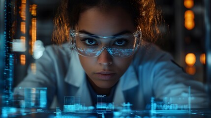 Focused scientist in lab coat analyzes holographic data projections. Safety glasses reflect digital information amidst a disaster background simulation. Technology and research combine.