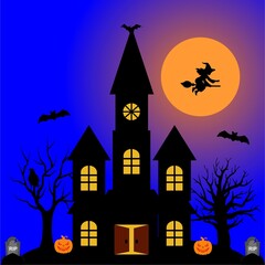 Spooky Halloween Night Haunted House with Witch and Pumpkins