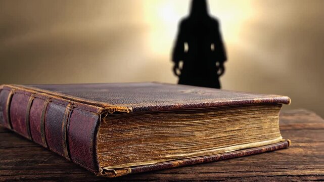 An antique brown book stack with a lighted candle on a vintage wooden table, embodying ancient wisdom and library history