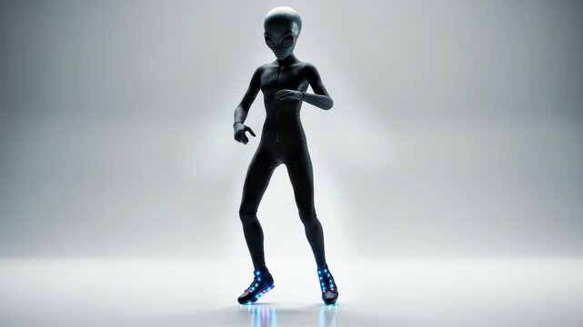 Animated alien character demonstrates futuristic dance moves with luminous footwear showcase