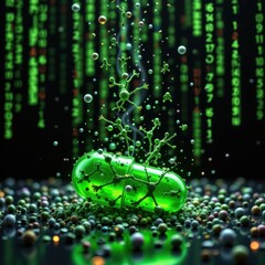 Dynamic Green Pill Breaking Virtual Matrix Digital Art Futuristic Environment Close-Up View Conceptual Imagery