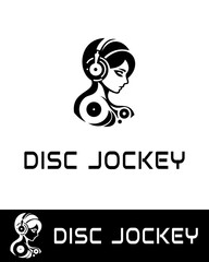 Stylized female disc jockey logo in black and white featuring headphones and vinyl records in flat and minimalist style 