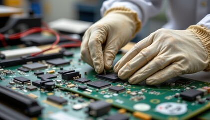 Closeup of Gloved Hands Assembling Circuit Board in Electronics Lab Technology Environment High Detail