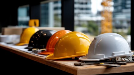 Construction safety gear display urban workspace industrial equipment indoor environment close-up view safety awareness