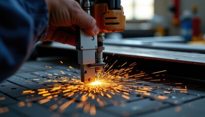 Technician Calibrating Laser Equipment in Industrial Workshop Sparks Flying Close-Up Viewpoint for Precision Work