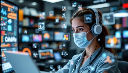 Technician Surrounded by Data Visualizations Modern Office Digital Content Creation Urban Environment Close-Up View