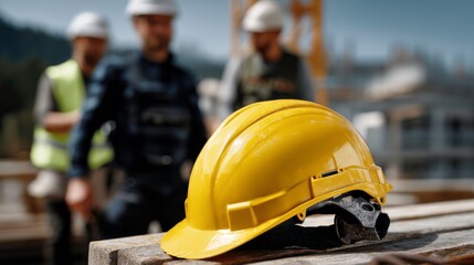 Construction workers collaborating on site urban landscape image of safety gear daylight environment close-up view teamwork concept