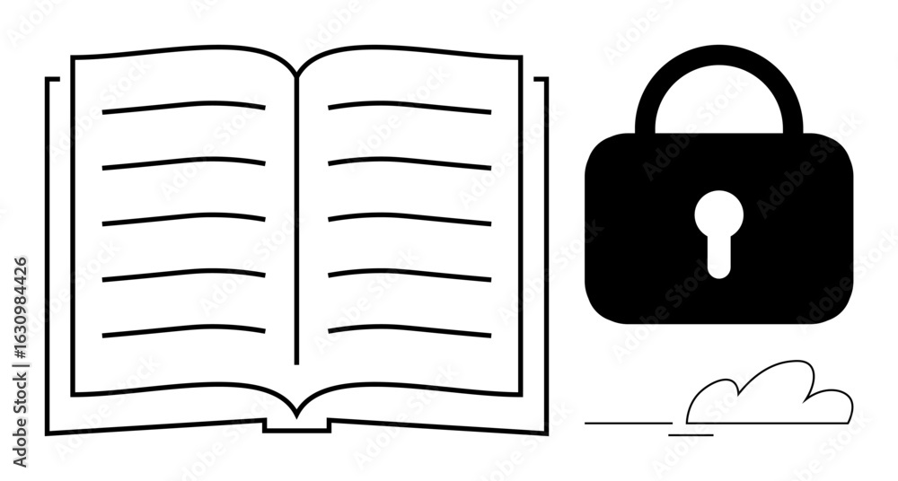 Poster open book with visible pages and a large padlock beside it, symbolizing secure knowledge, privacy, a
