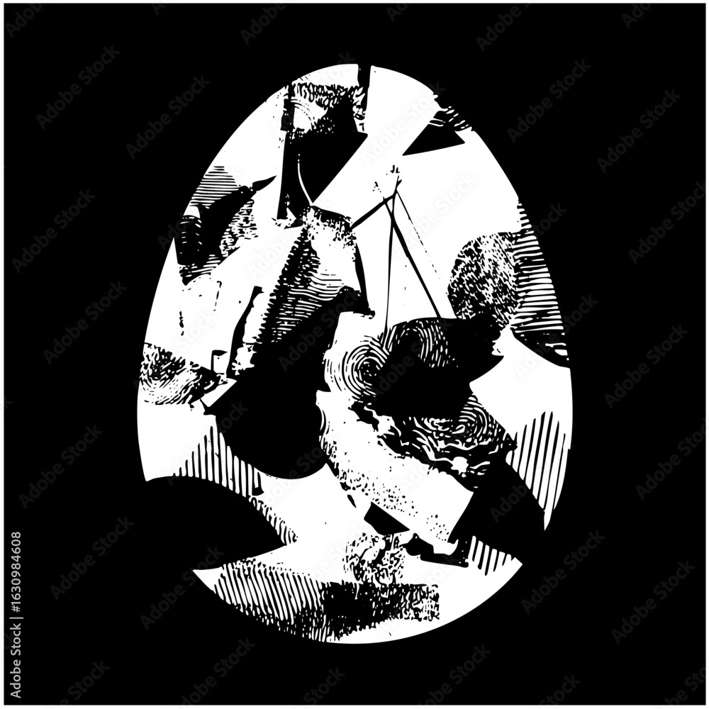 Poster vector abstract figures interact within a fragmented oval composition.