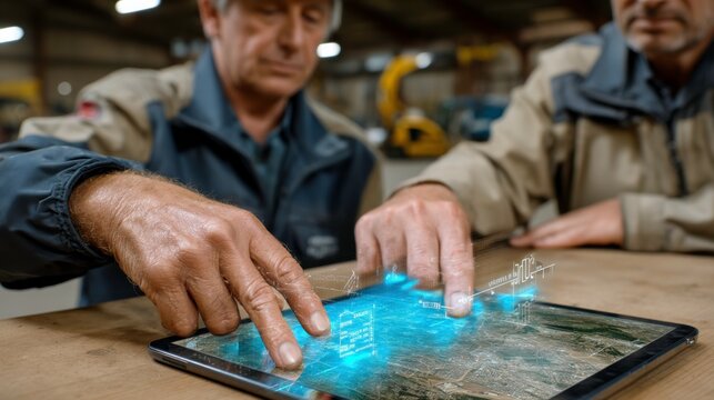 Innovative technology demonstration warehouse setting digital interaction industrial environment close-up viewpoint data visualization