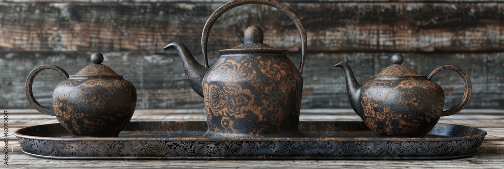 Poster a rustic tea set with a distressed metallic finish and geometric engravings adding a touch of vintag