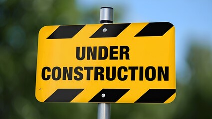 A yellow under construction sign alerts pedestrians and vehicles of the work zone ahead.