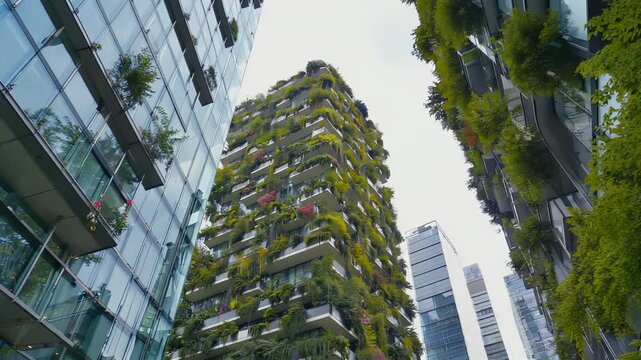 Camera glides upward along a stunning skyscraper covered in vibrant greenery. Surrounding buildings of the city bathe in soft morning light, showcasing bauty of urban nature