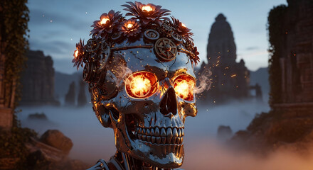 Steampunk skull with glowing eyes and floral crown. Perfect for Halloween, gothic themes, or futuristic concepts. Ideal for posters, album covers, or edgy designs.