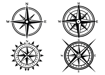 Four black and white compass rose designs with directional symbols for navigation and guidance