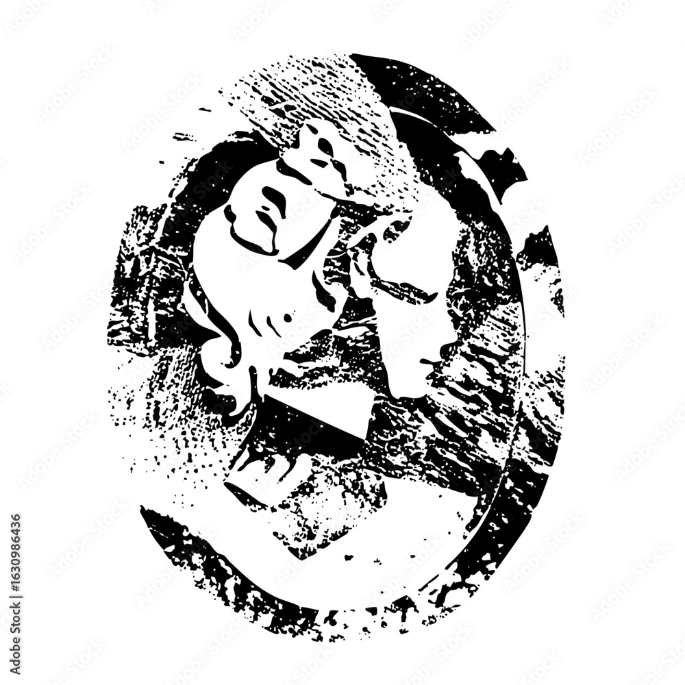 Poster vector abstract portrait of two faces within a distressed circular frame.