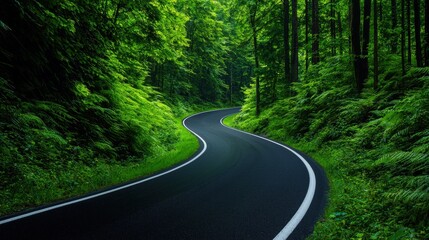 Obraz premium Serene winding road through lush green forest