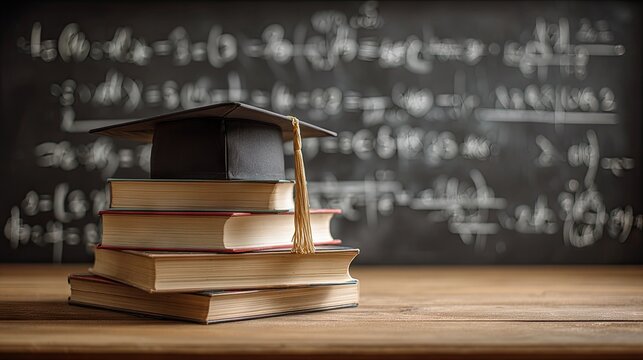 Graduation cap atop a stack of books in front of a chalkboard filled with equations.